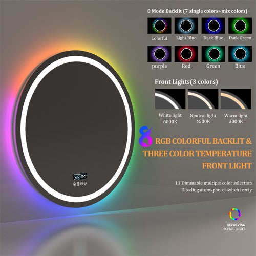 Smart Round RGB Bathroom Mirror Bluetooth Speaker Shower Mirror Anti-Fog Memory