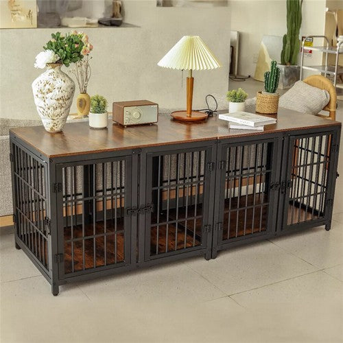4 Doors Ultra Thicken Dog Crate Cage End Table Divided Dog Puppy Kennel f/ 2 Dog