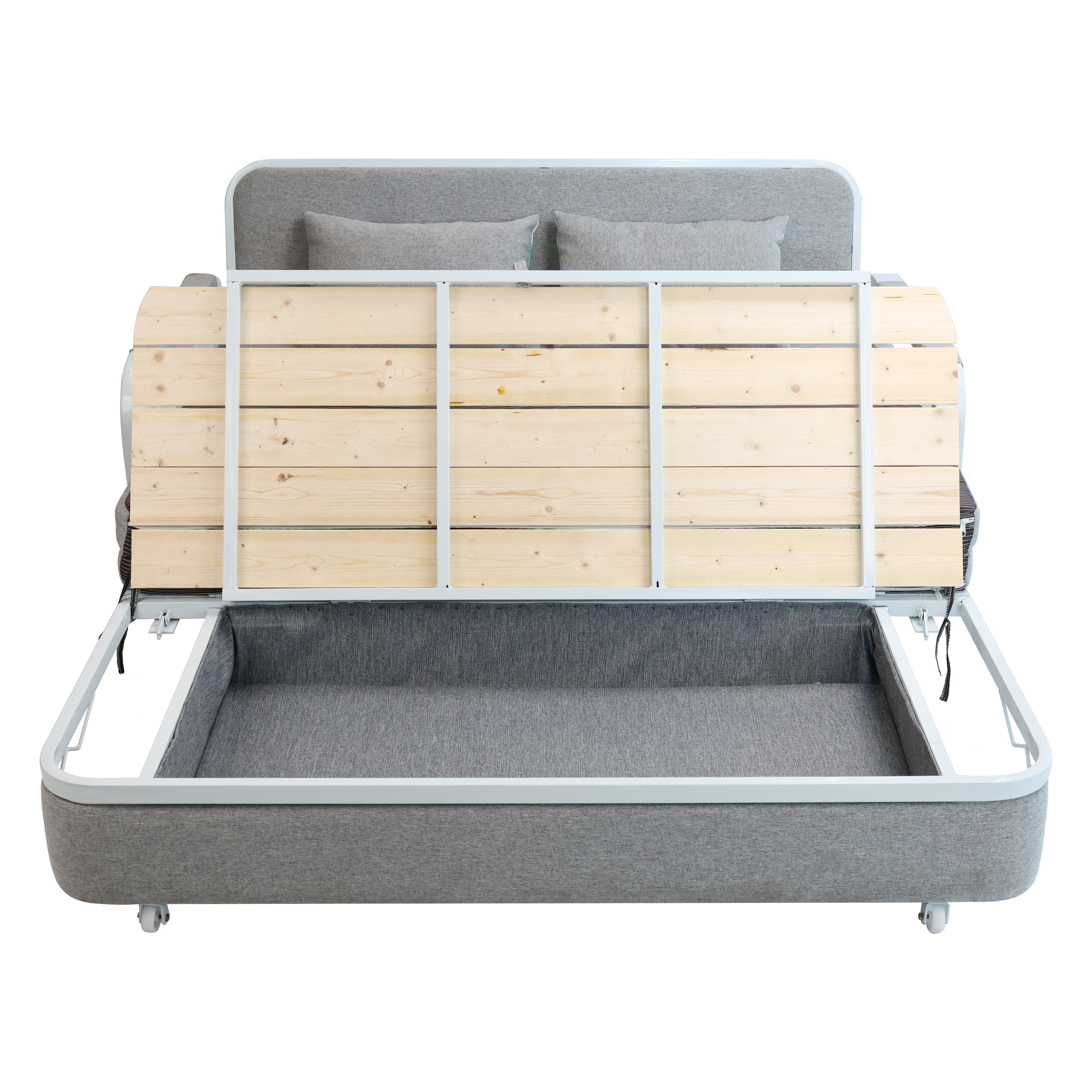 Eeeza Convertible Sofa Bed with Pillows, Side Pockects and Storage Compartment, Carbon Steel and Linen Cotton