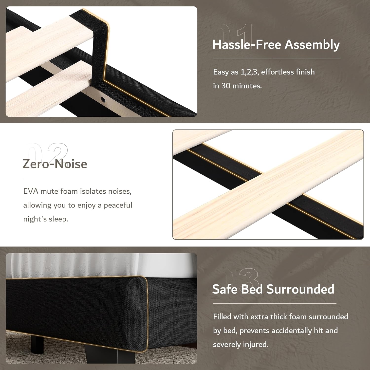 Soft Bed Frame with Headboard, Queen Size, Metal and Linen, Black