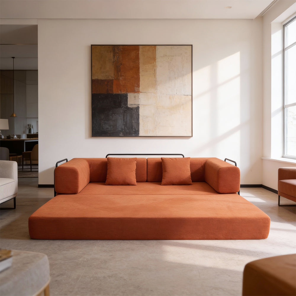 Folding corduroy sofa bed with pillows