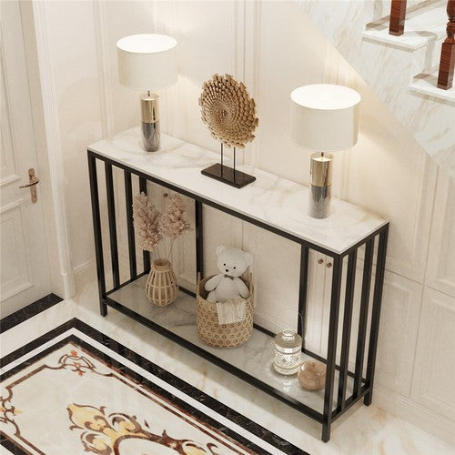 2-Tier White Marble Entryway Console Table Extra Long Foyer Couch Table