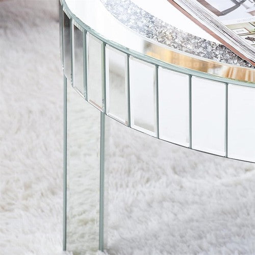Silver Glass Coffee Table Highly Reflective Mirrored Accent Table Diamond Inlay