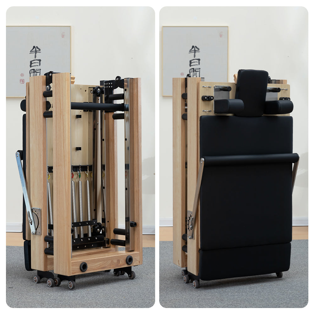 Eeeza Foldable Pilates Reformer for Home Studio, Oak Wood, 6 Springs
