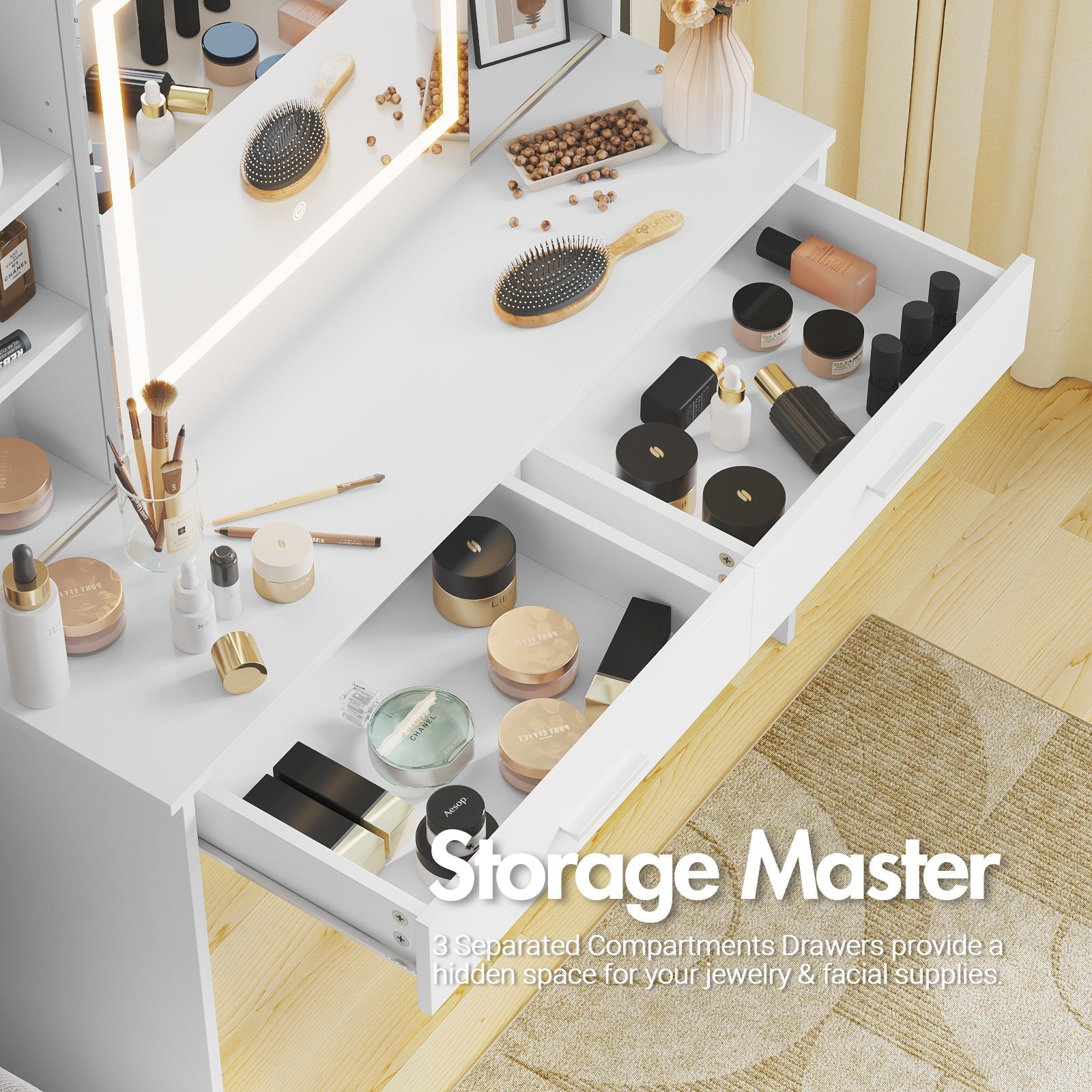 Advwin Dressing Table Stool Set LED Slide Mirror
