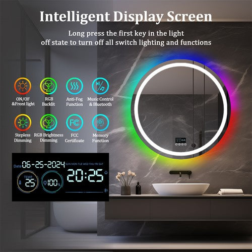 Smart Round RGB Bathroom Mirror Bluetooth Speaker Shower Mirror Anti-Fog Memory