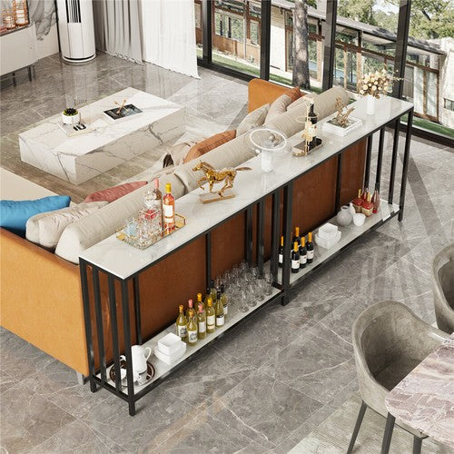 2-Tier White Marble Entryway Console Table Extra Long Foyer Couch Table