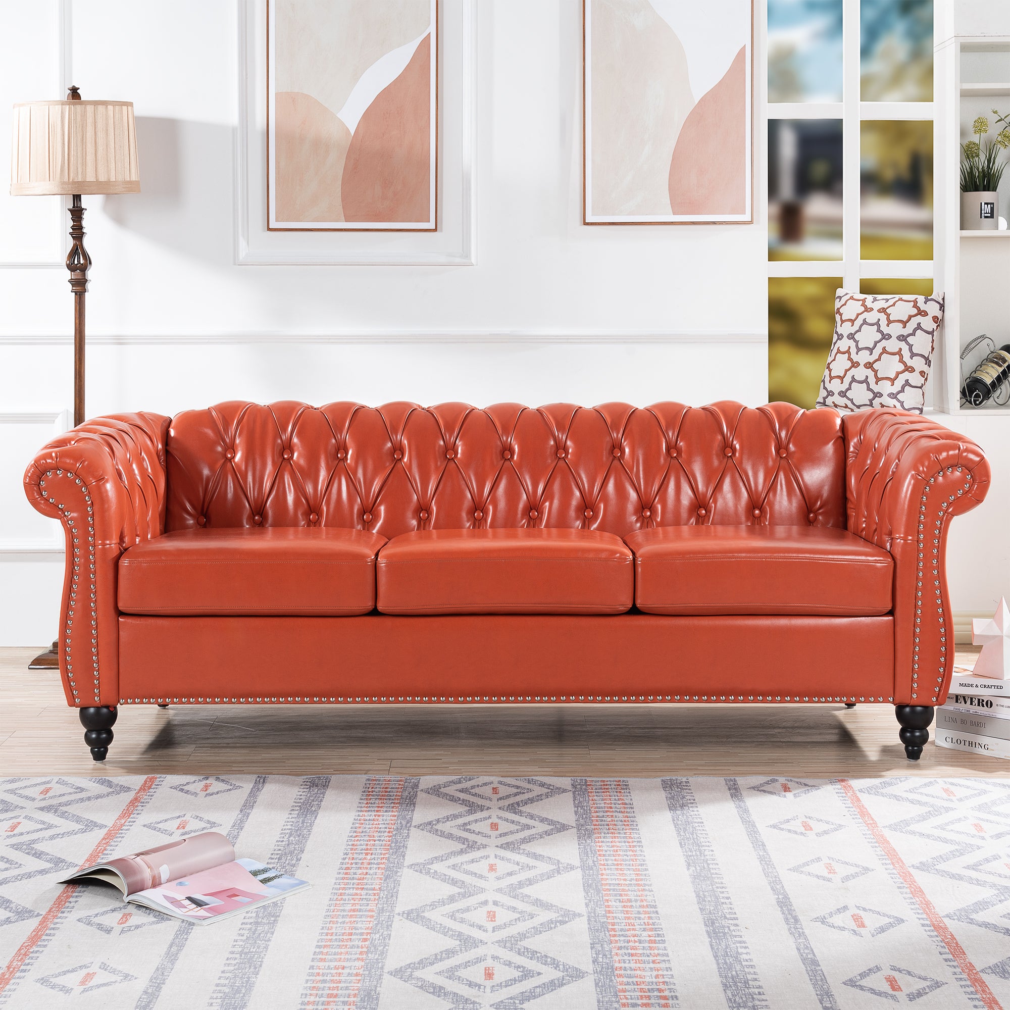 Retro Chesterfield Style Sofa, 3-Seater, PU Leather