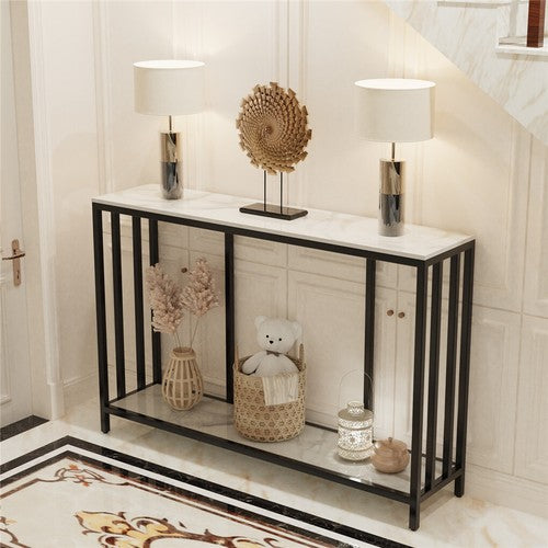 2-Tier White Marble Entryway Console Table Extra Long Foyer Couch Table