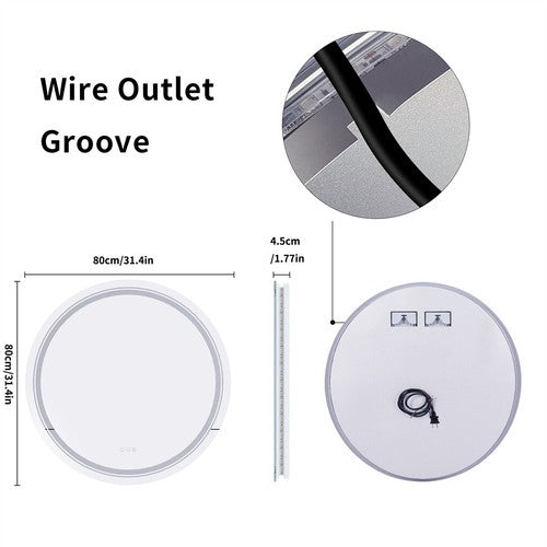 60/80/90CM Round LED Bathroom Mirror Dual Light Anti-fog Makeup Mirror