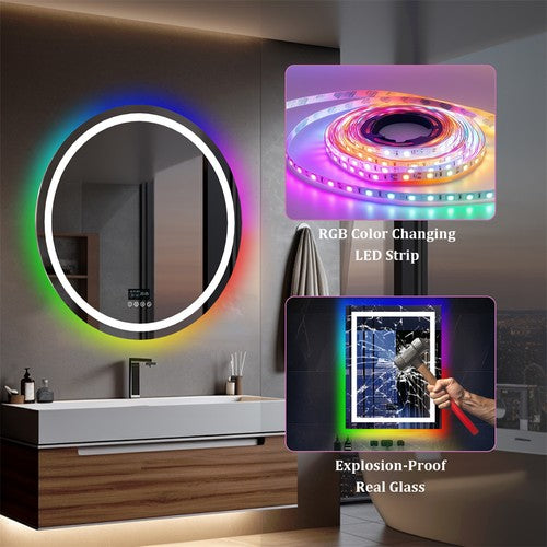 Smart Round RGB Bathroom Mirror Bluetooth Speaker Shower Mirror Anti-Fog Memory