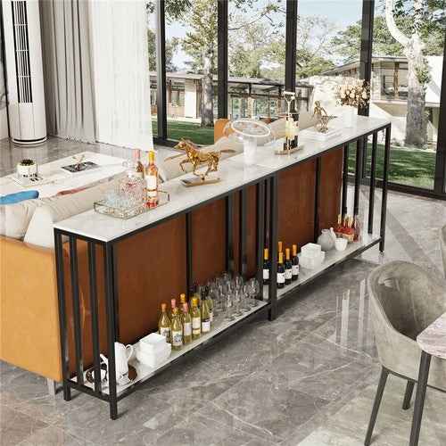 2-Tier White Marble Entryway Console Table Extra Long Foyer Couch Table