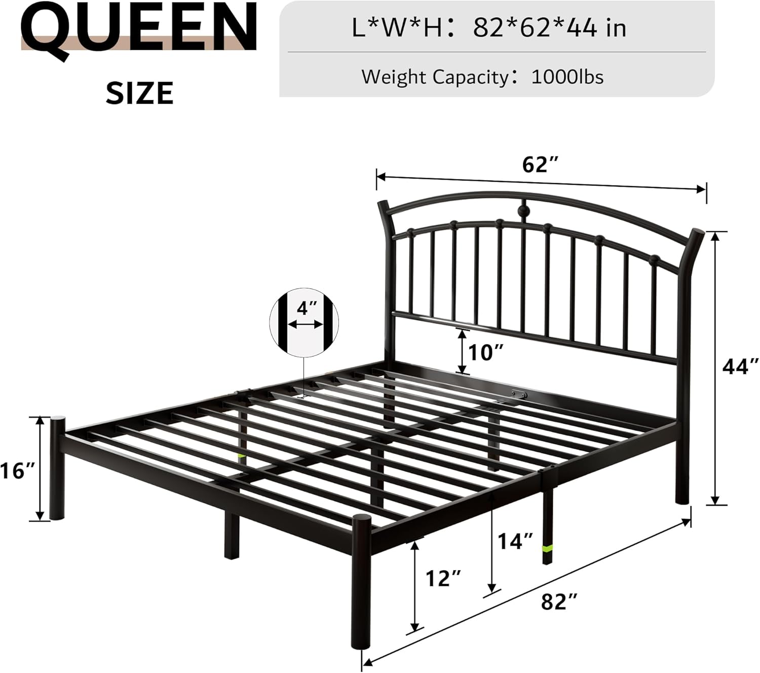 Eeeza Metal Bed Frame with Headboard, Queen Size, Black
