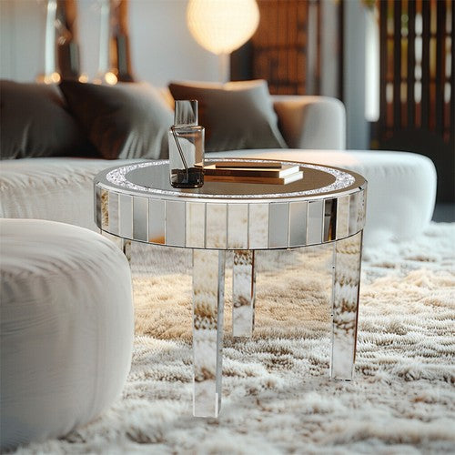 Silver Glass Coffee Table Highly Reflective Mirrored Accent Table Diamond Inlay