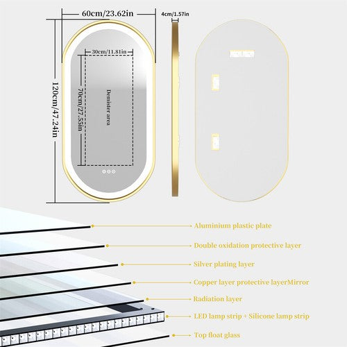 Gold Frame Oval LED Bathroom Mirror Anti-Fog Smart Vanity Mirror