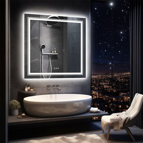 80cm Square LED Bathroom Mirror Dual Lights Anti-fog Makeup Mirror