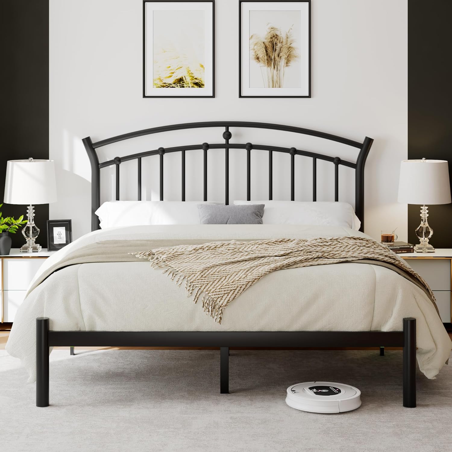 Eeeza Metal Bed Frame with Headboard, Queen Size, Black