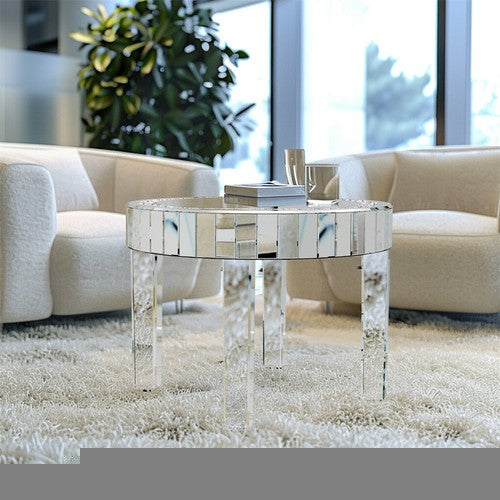 Silver Glass Coffee Table Highly Reflective Mirrored Accent Table Diamond Inlay
