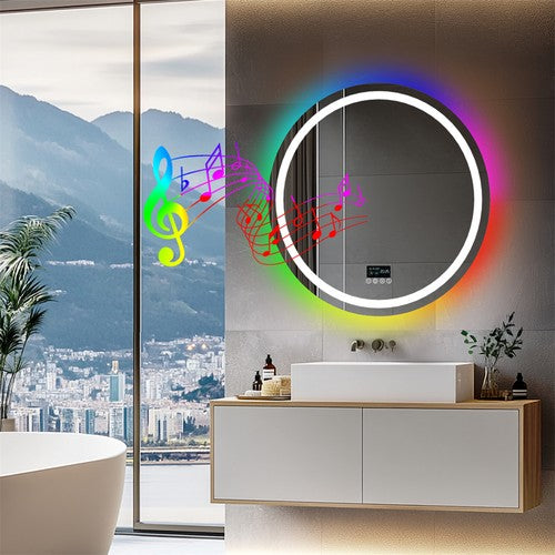 Smart Round RGB Bathroom Mirror Bluetooth Speaker Shower Mirror Anti-Fog Memory