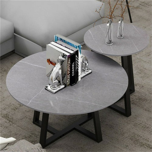 2PCS Nordic Nesting Coffee Table Marble Side End Tables Round Plate Home Office