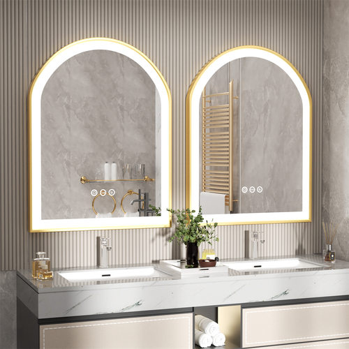 Large Arch LED Bathroom Mirror Anti-fog Thick Gold Aluminum Frame Makeup Mirror