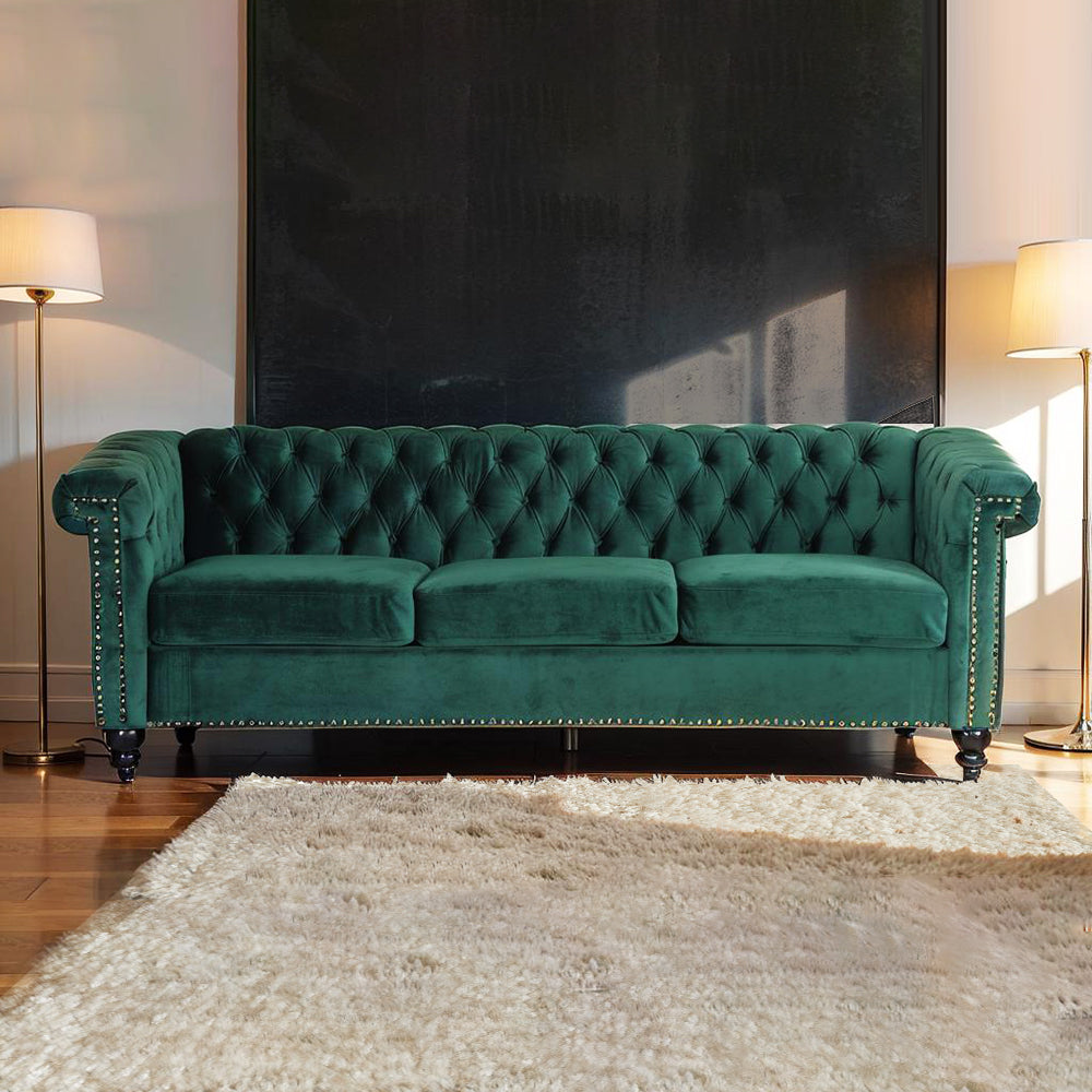 Chesterfield White PU Leather/Emerald Green Velvet Button-Tufted 3-Seater Sofa
