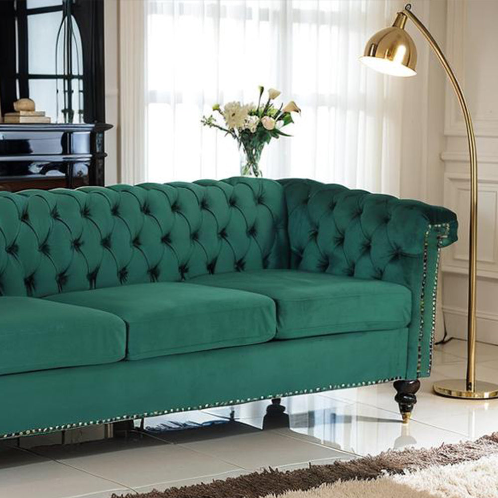 Chesterfield White PU Leather/Emerald Green Velvet Button-Tufted 3-Seater Sofa