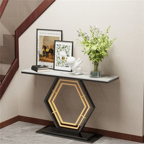 Solid Marble Console Table Entryway Table Hexagon Metal Frame Sofa Behind Table