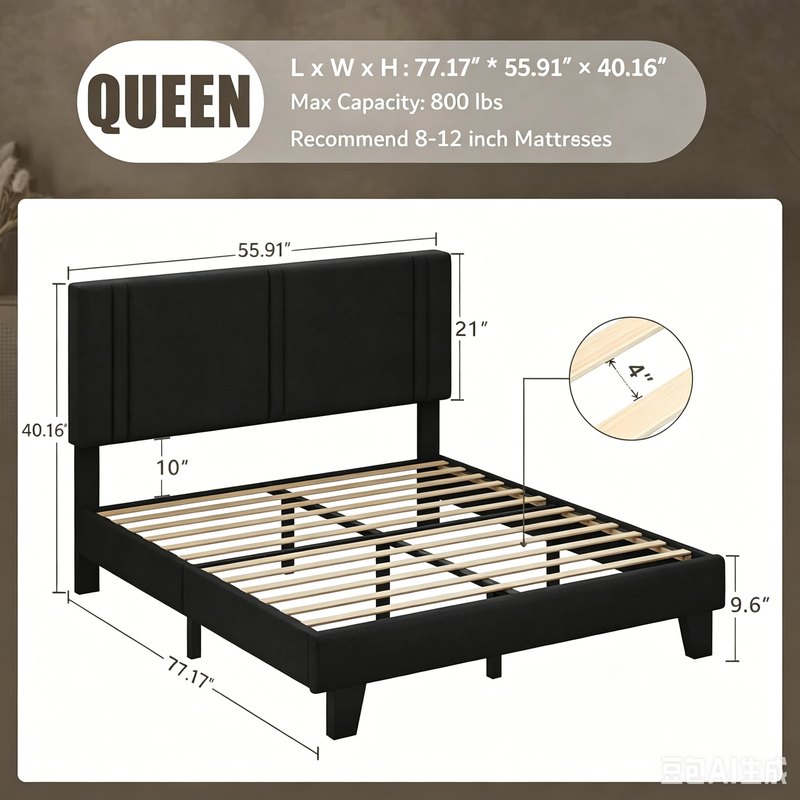 Soft Bed Frame with Headboard, Queen Size, Metal and Linen, Black