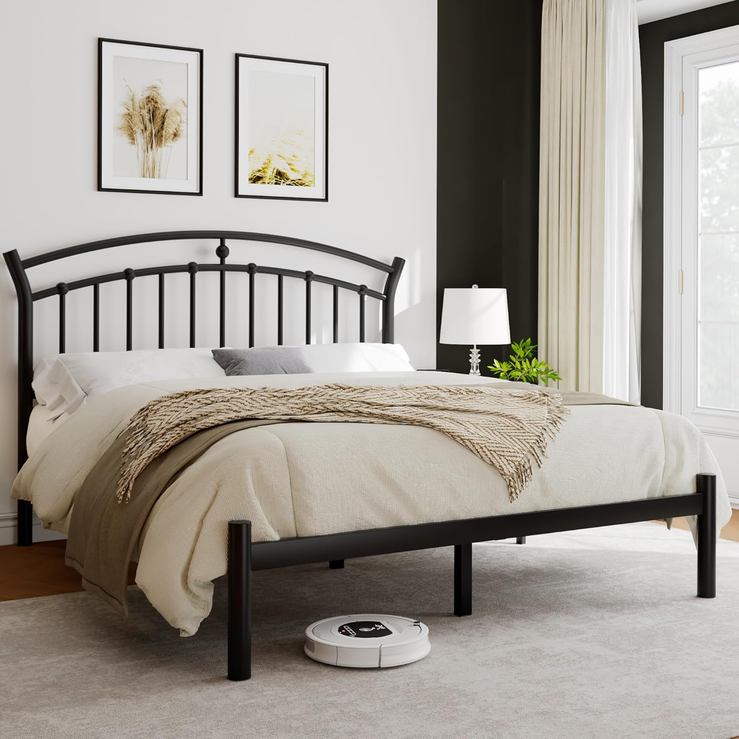Eeeza Metal Bed Frame with Headboard, Queen Size, Black