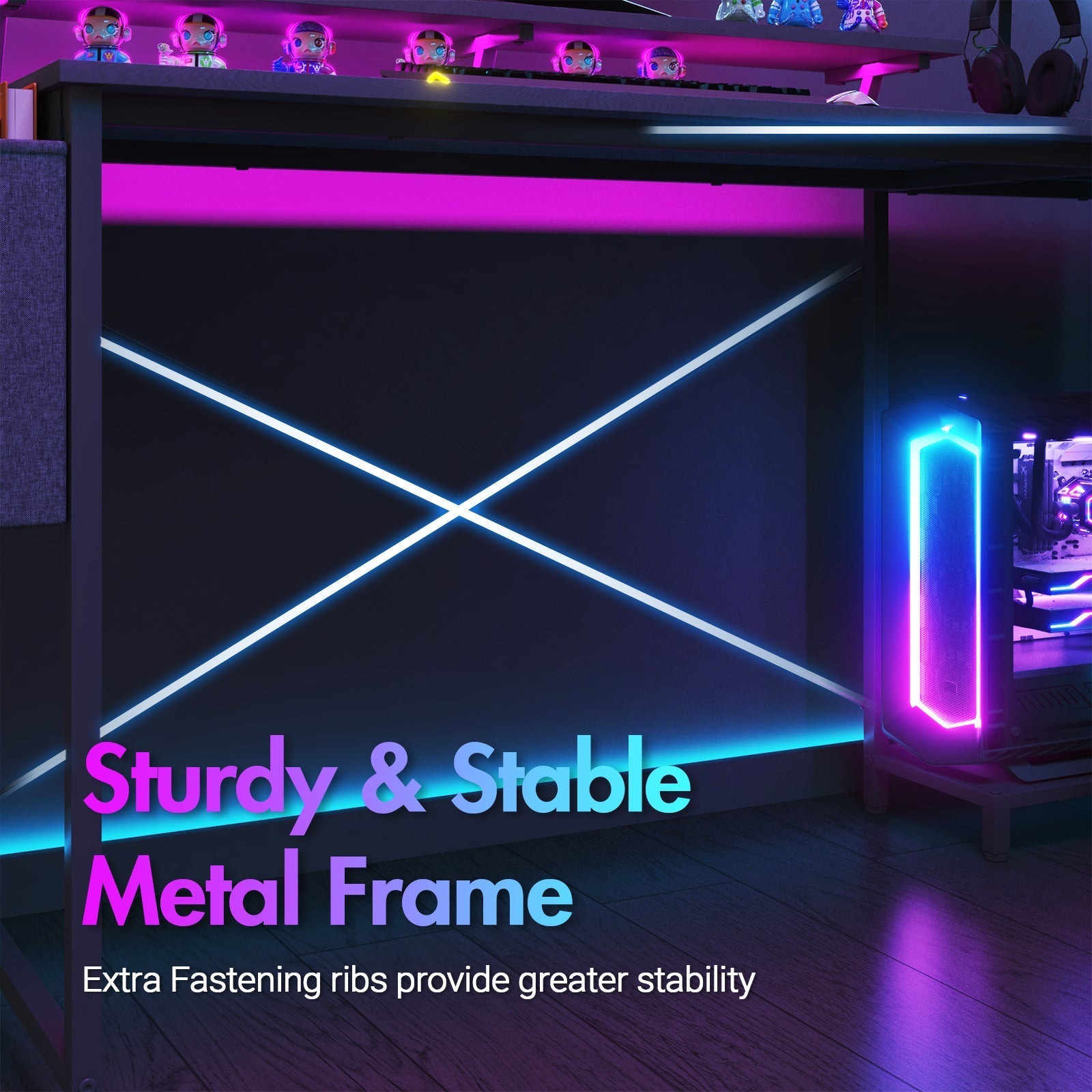 Advwin L Shaped Gaming Desk with LED Lights Black