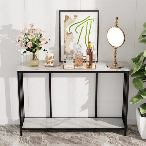 2-Tier White Marble Entryway Console Table Extra Long Foyer Couch Table
