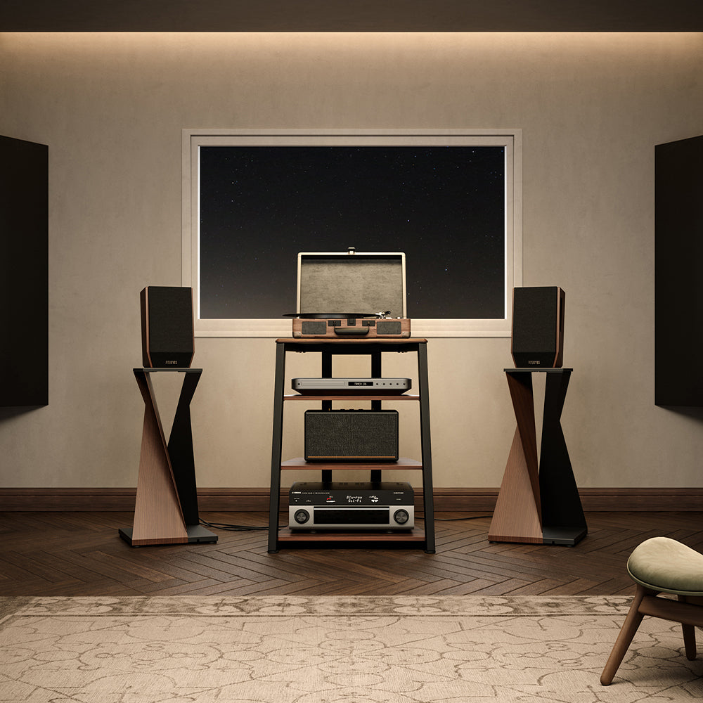 FITUEYES HiFi Audio Rack – Modern Vintage Media Stand with Adjustable 4-Tier Shelves