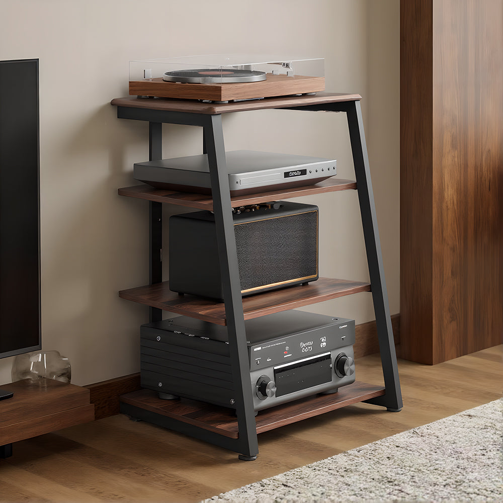 FITUEYES HiFi Audio Rack – Modern Vintage Media Stand with Adjustable 4-Tier Shelves