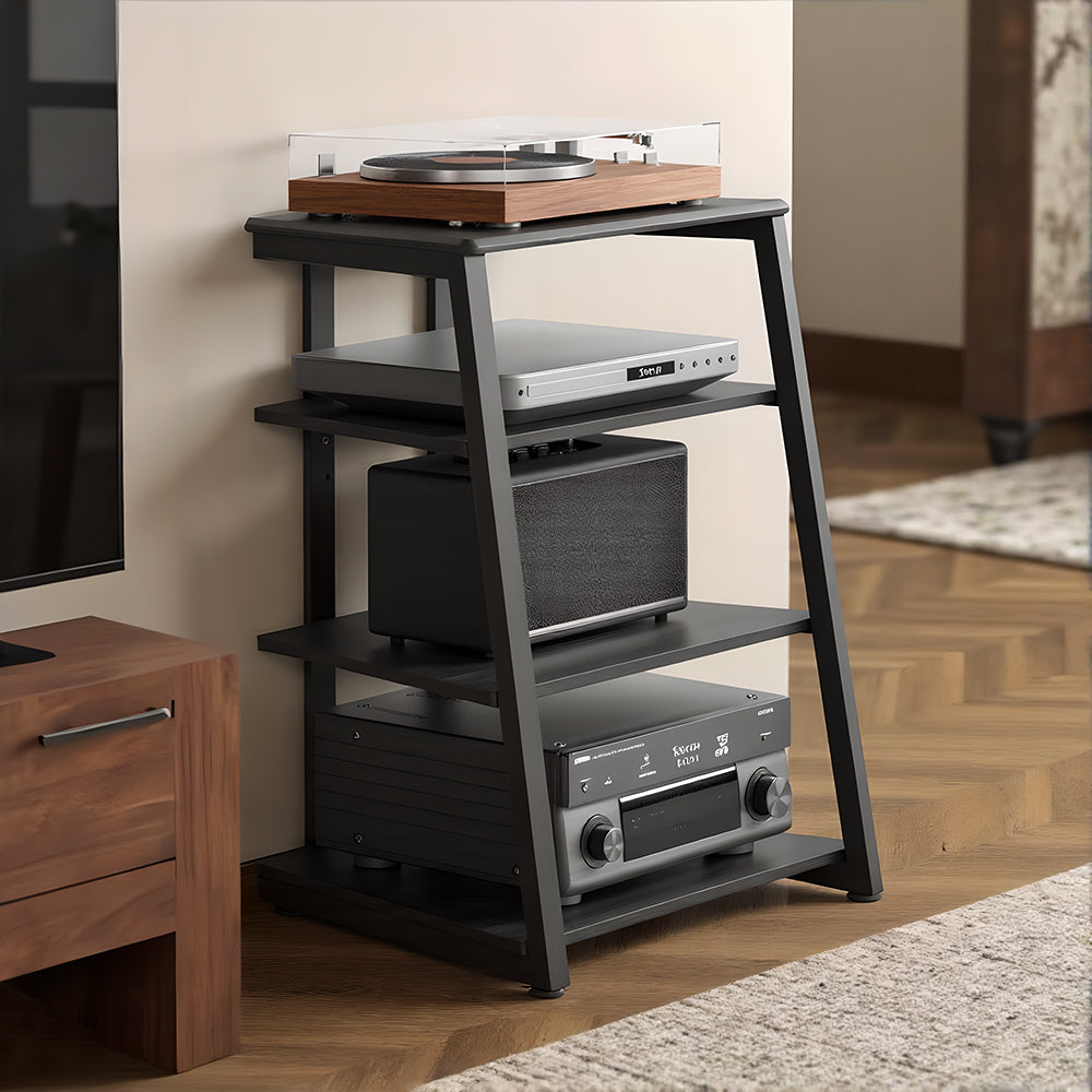 FITUEYES HiFi Audio Rack – Modern Vintage Media Stand with Adjustable 4-Tier Shelves