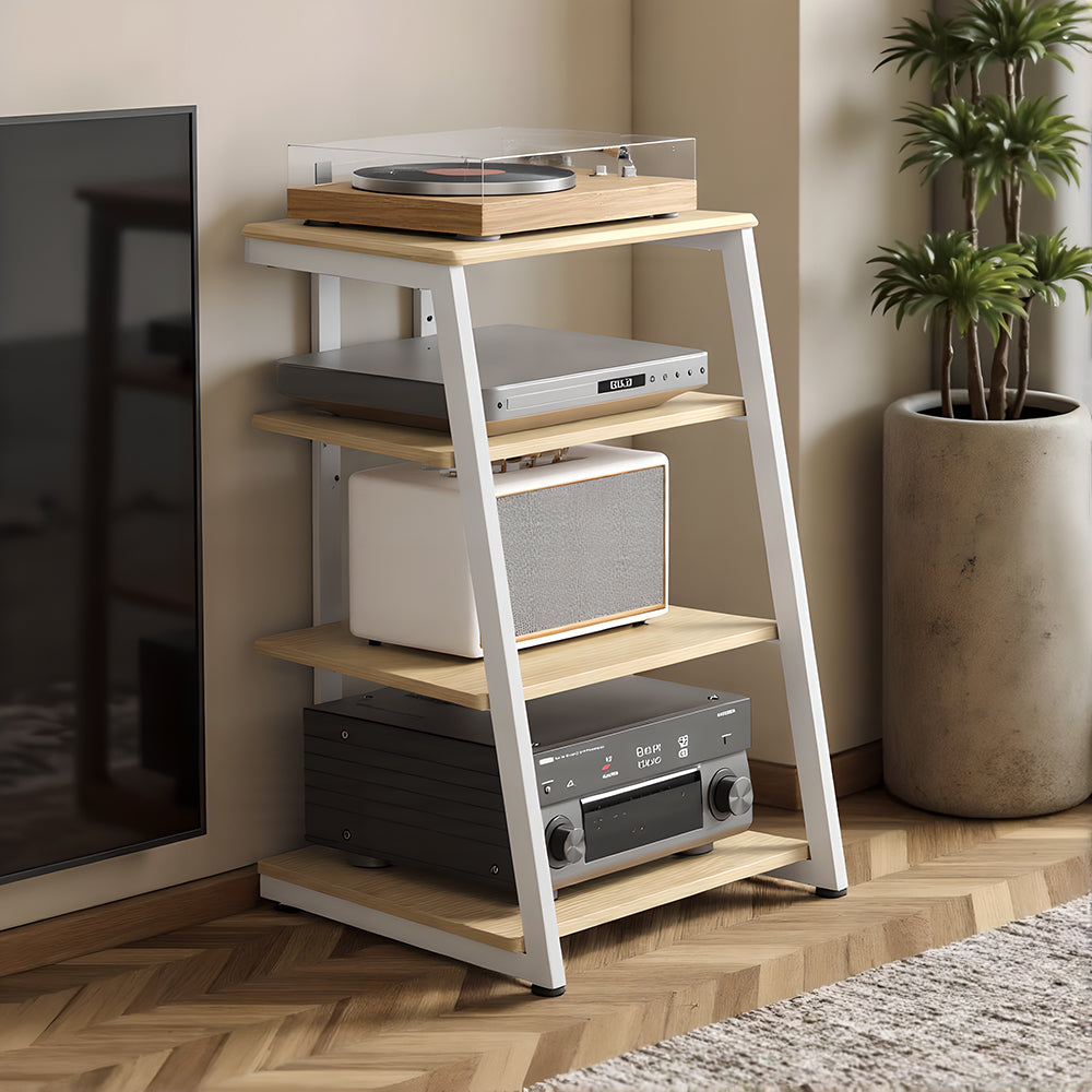 FITUEYES HiFi Audio Rack – Modern Vintage Media Stand with Adjustable 4-Tier Shelves