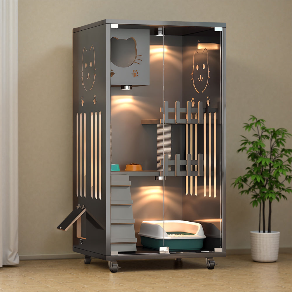 Eeeza Luxury Cat Villa – Multi-Layer Cabinet with Glass Doors and LED Light