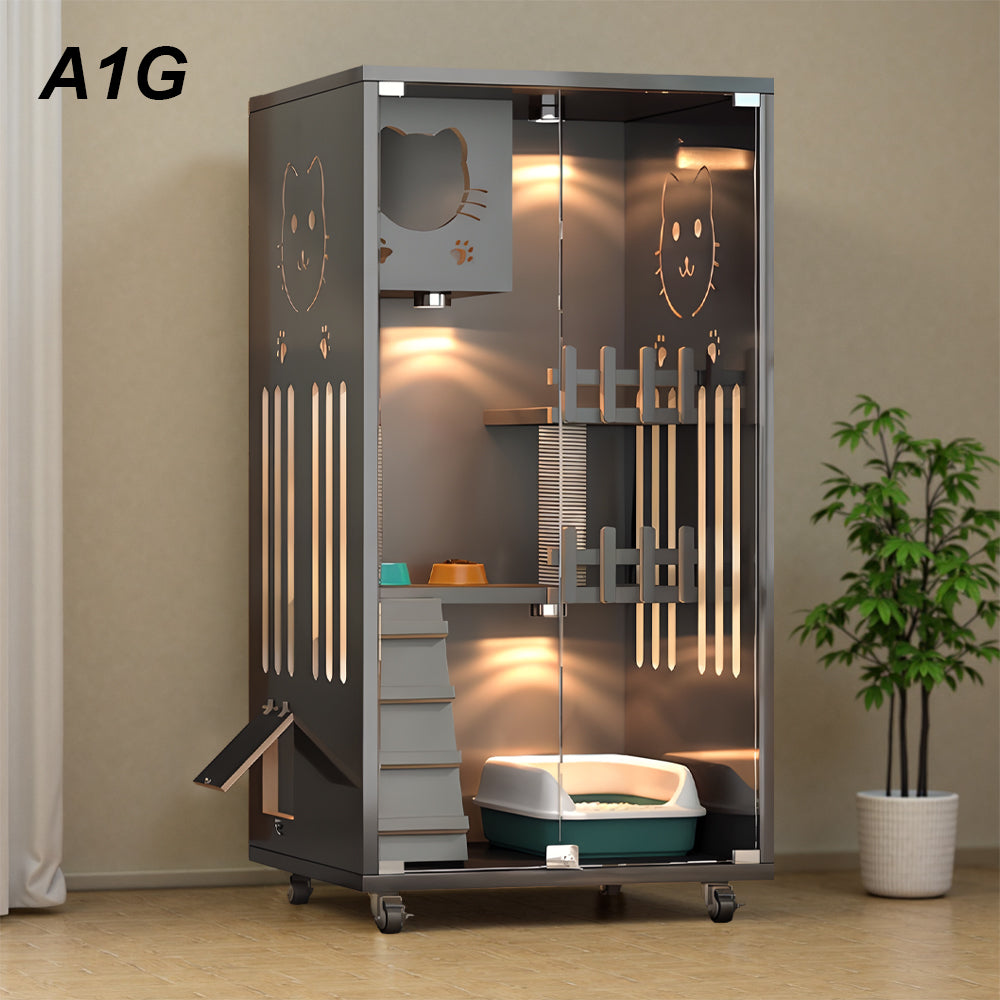Eeeza Luxury Cat Villa – Multi-Layer Cabinet with Glass Doors and LED Light