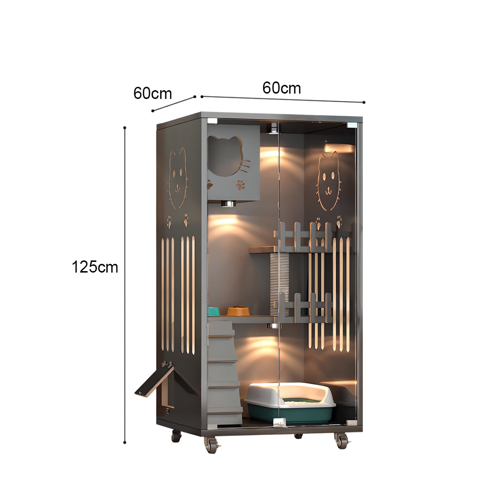 Eeeza Luxury Cat Villa – Multi-Layer Cabinet with Glass Doors and LED Light