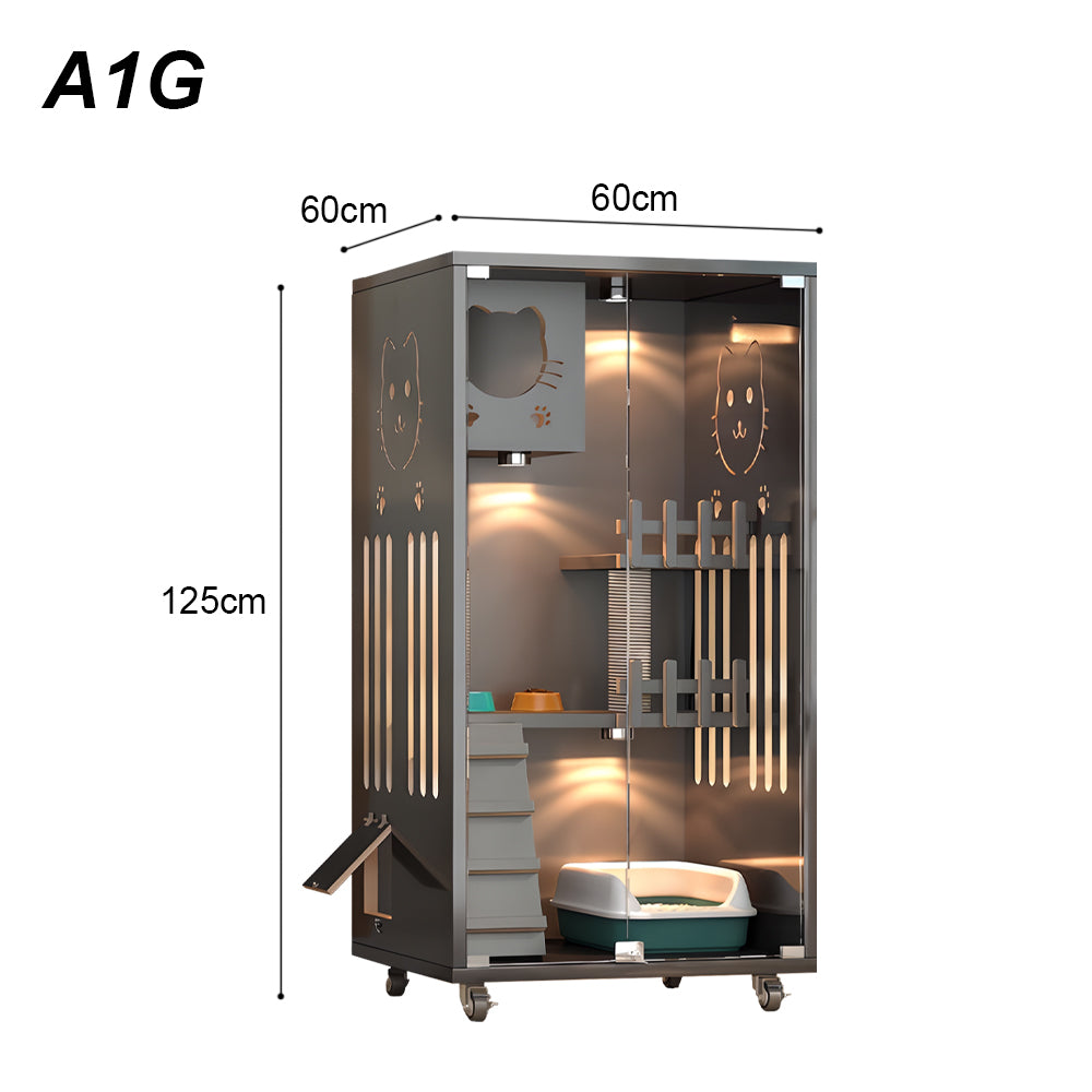Eeeza Luxury Cat Villa – Multi-Layer Cabinet with Glass Doors and LED Light