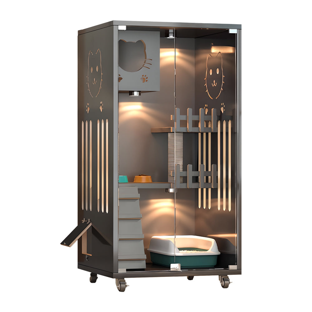Eeeza Luxury Cat Villa – Multi-Layer Cabinet with Glass Doors and LED Light