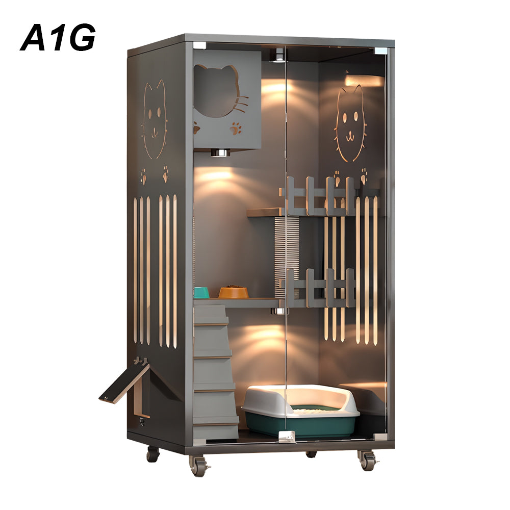Eeeza Luxury Cat Villa – Multi-Layer Cabinet with Glass Doors and LED Light