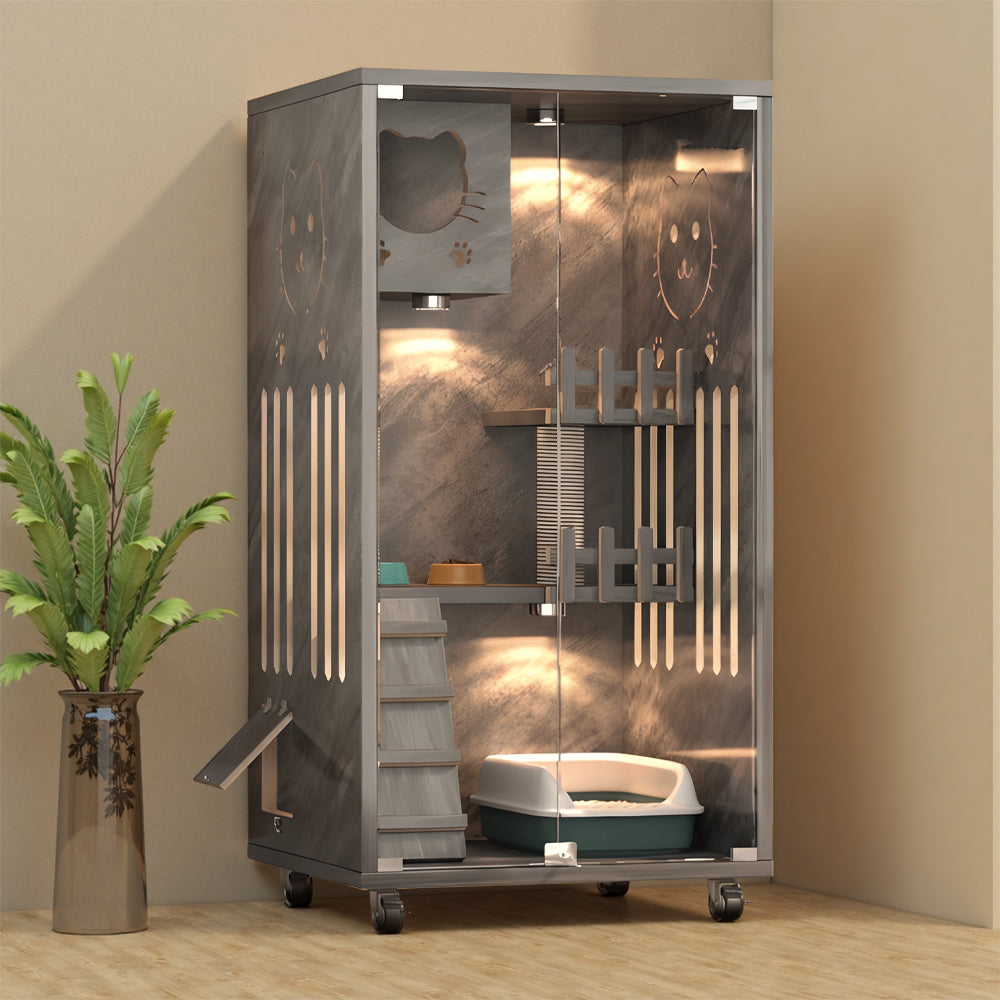 Eeeza Luxury Cat Villa – Multi-Layer Cabinet with Glass Doors and LED Light