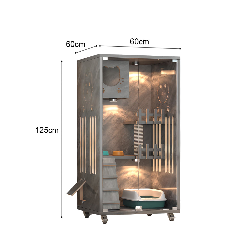 Eeeza Luxury Cat Villa – Multi-Layer Cabinet with Glass Doors and LED Light