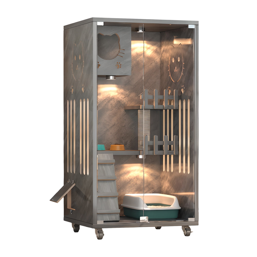 Eeeza Luxury Cat Villa – Multi-Layer Cabinet with Glass Doors and LED Light