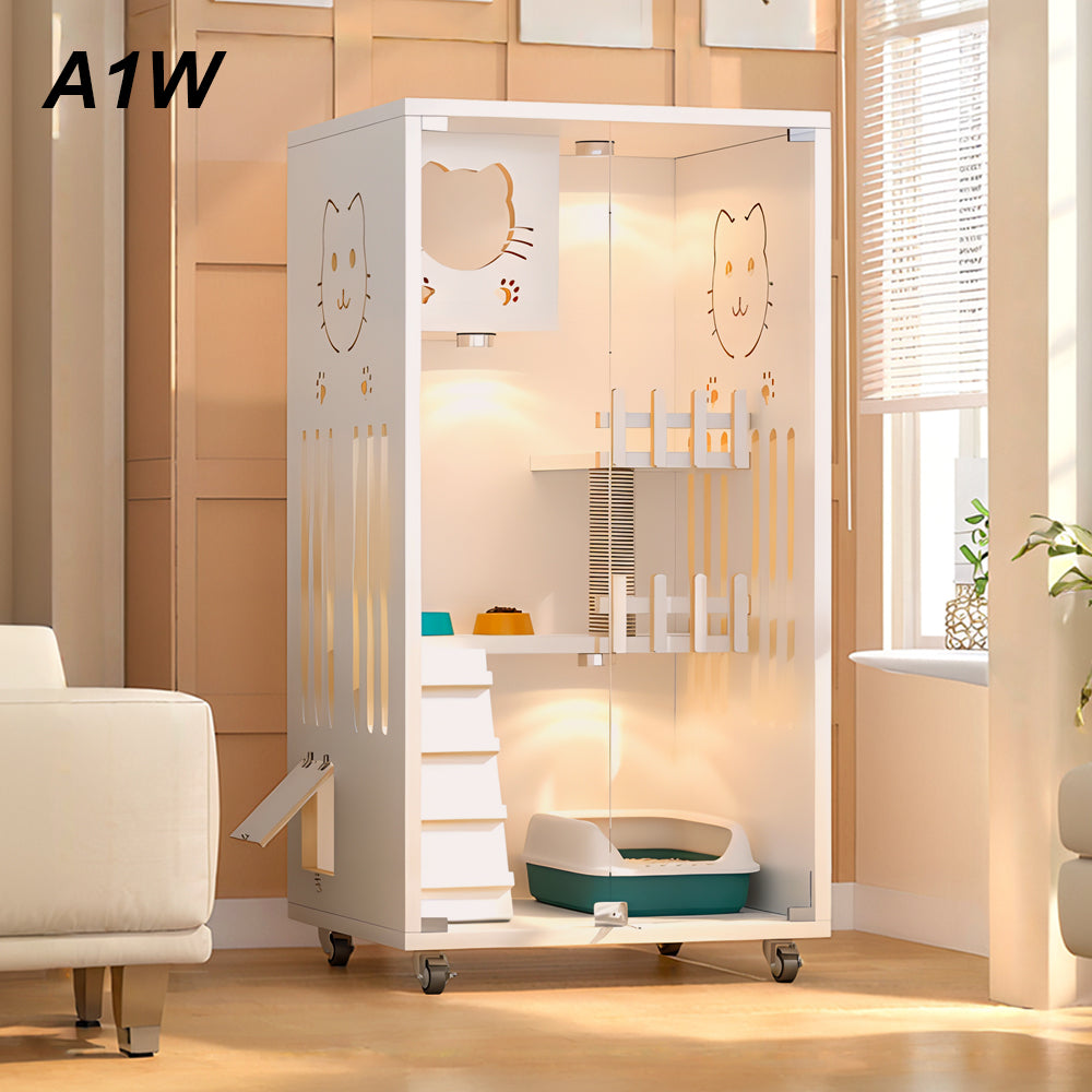 Eeeza Luxury Cat Villa – Multi-Layer Cabinet with Glass Doors and LED Light