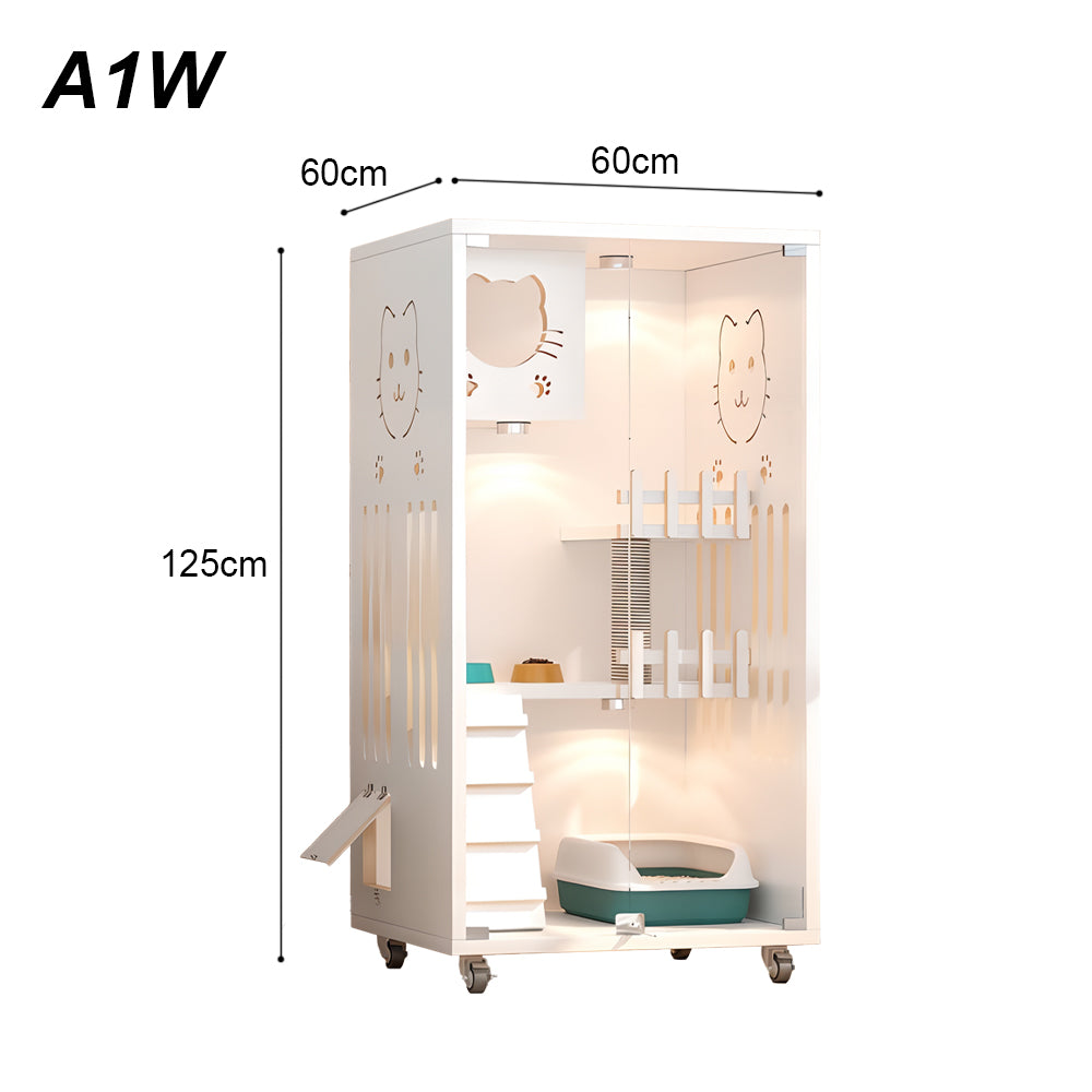 Eeeza Luxury Cat Villa – Multi-Layer Cabinet with Glass Doors and LED Light