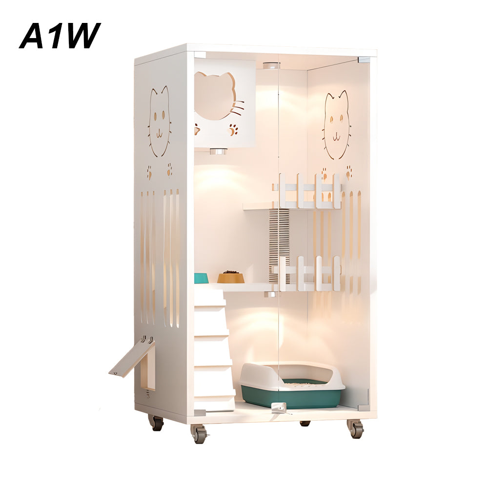 Eeeza Luxury Cat Villa – Multi-Layer Cabinet with Glass Doors and LED Light