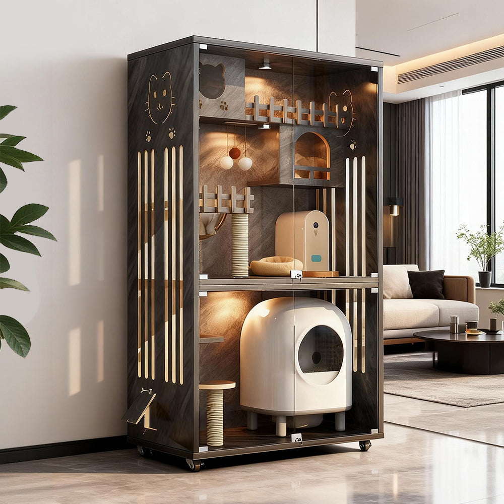 Eeeza Luxury Cat Villa – Multi-Layer Cabinet with Glass Doors and LED Light