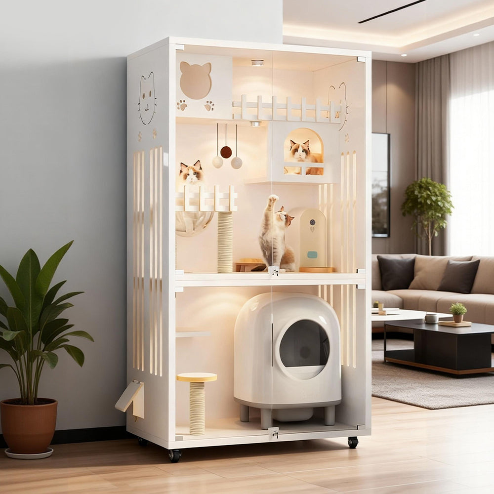 Eeeza Luxury Cat Villa – Multi-Layer Cabinet with Glass Doors and LED Light